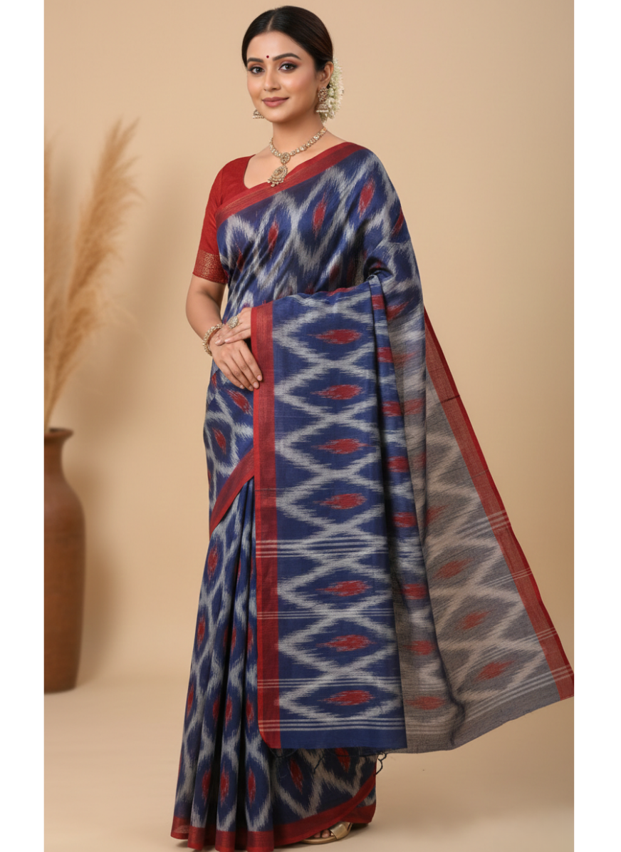 Pochampally ikat pattu (silk) saree (Dark blue- red- golden)