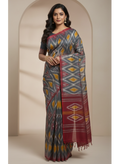 Pochampally ikat pattu (silk) saree (Grey- Yellow- red)