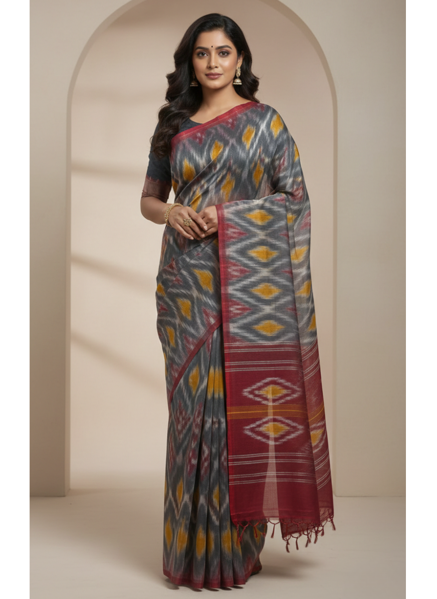 Pochampally ikat pattu (silk) saree (Grey- Yellow- red)