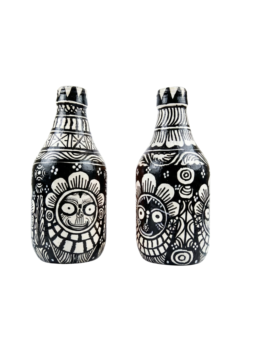 Monochrome Masterpiece: Hand-Painted Jagannath Bottle Art (Black & White)
