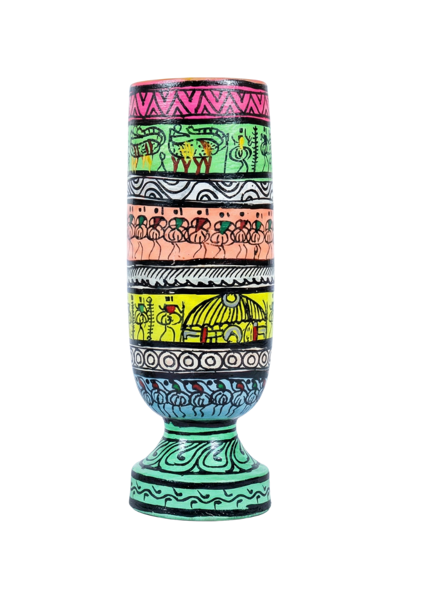 Tribal Tales Wooden Pen Stand & Vase | Hand-Painted Saura Art (Multicolor)