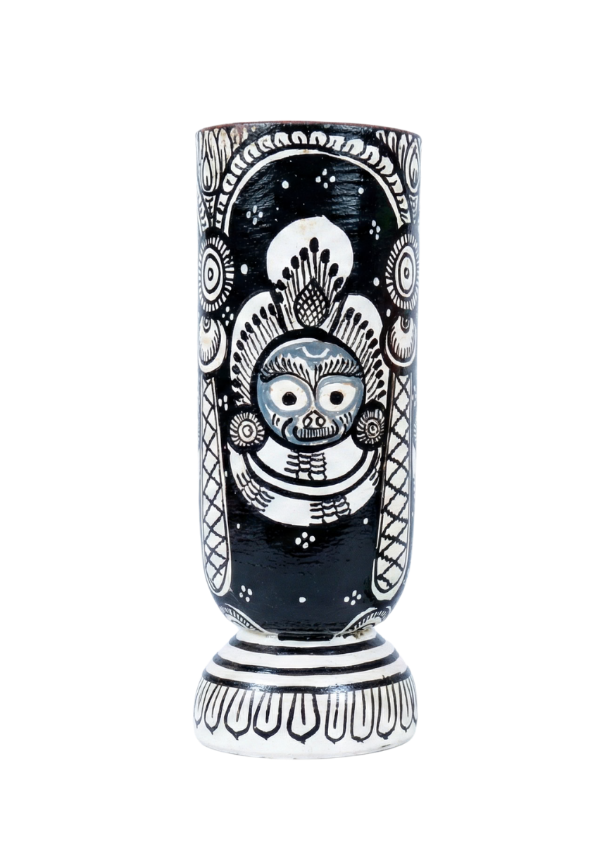 Monochrome Heritage: Hand-Painted Wooden Vase | Traditional Odisha Art (Black & White)