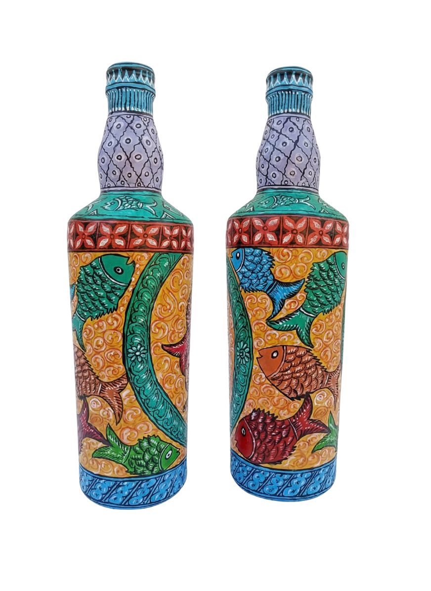 Hand-Painted Pattachitra Bottle Art | Matsya (Fish) & River Motif (Multicolor)