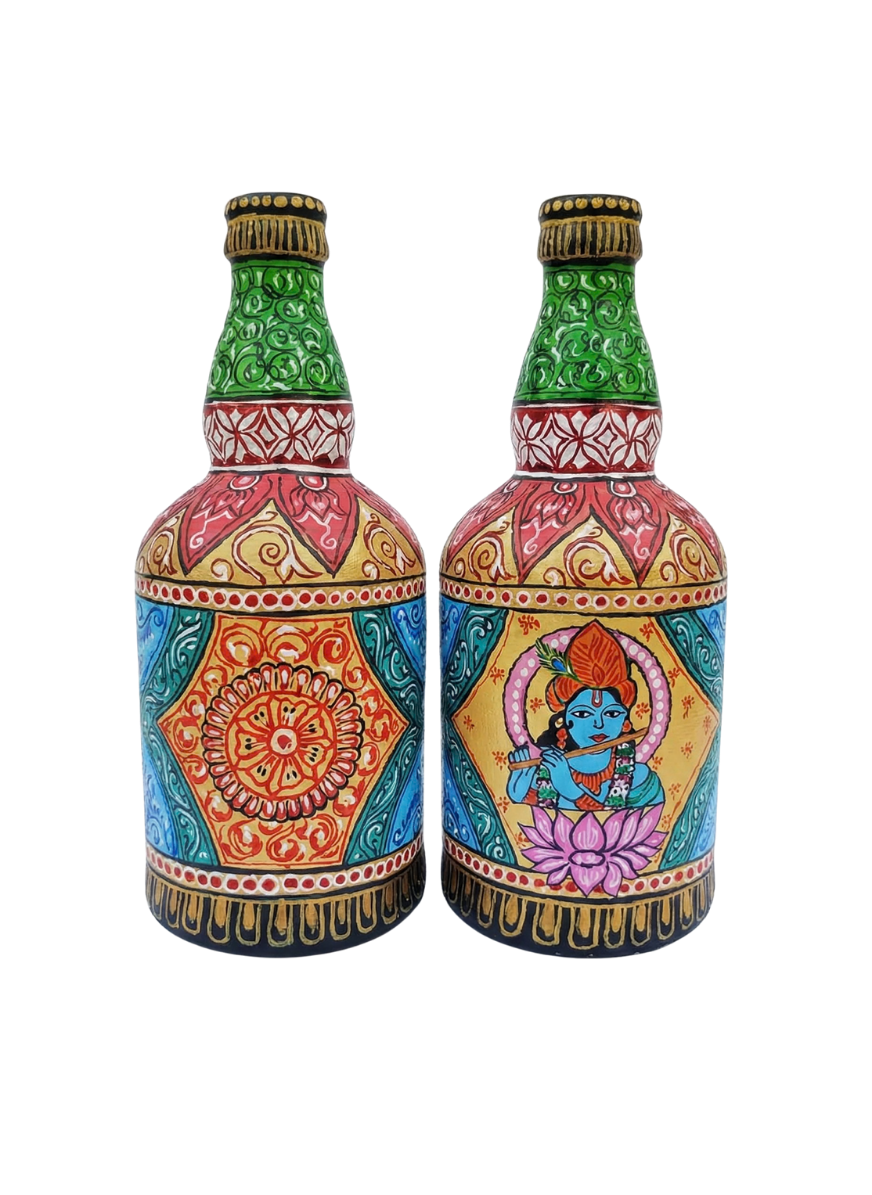 Hand-Painted Pattachitra Bottle Art | Lord Krishna & The Divine Flute (Multicolor)