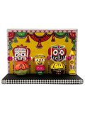 Temple Vibes: Hand-Painted Jagannath Idol Set with Decorative Backdrop & Crystal Base