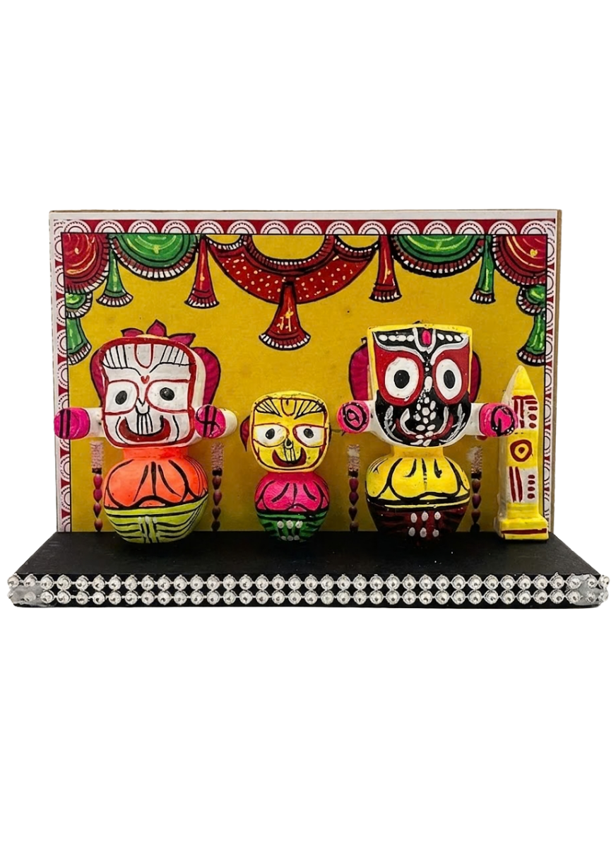 Temple Vibes: Hand-Painted Jagannath Idol Set with Decorative Backdrop & Crystal Base