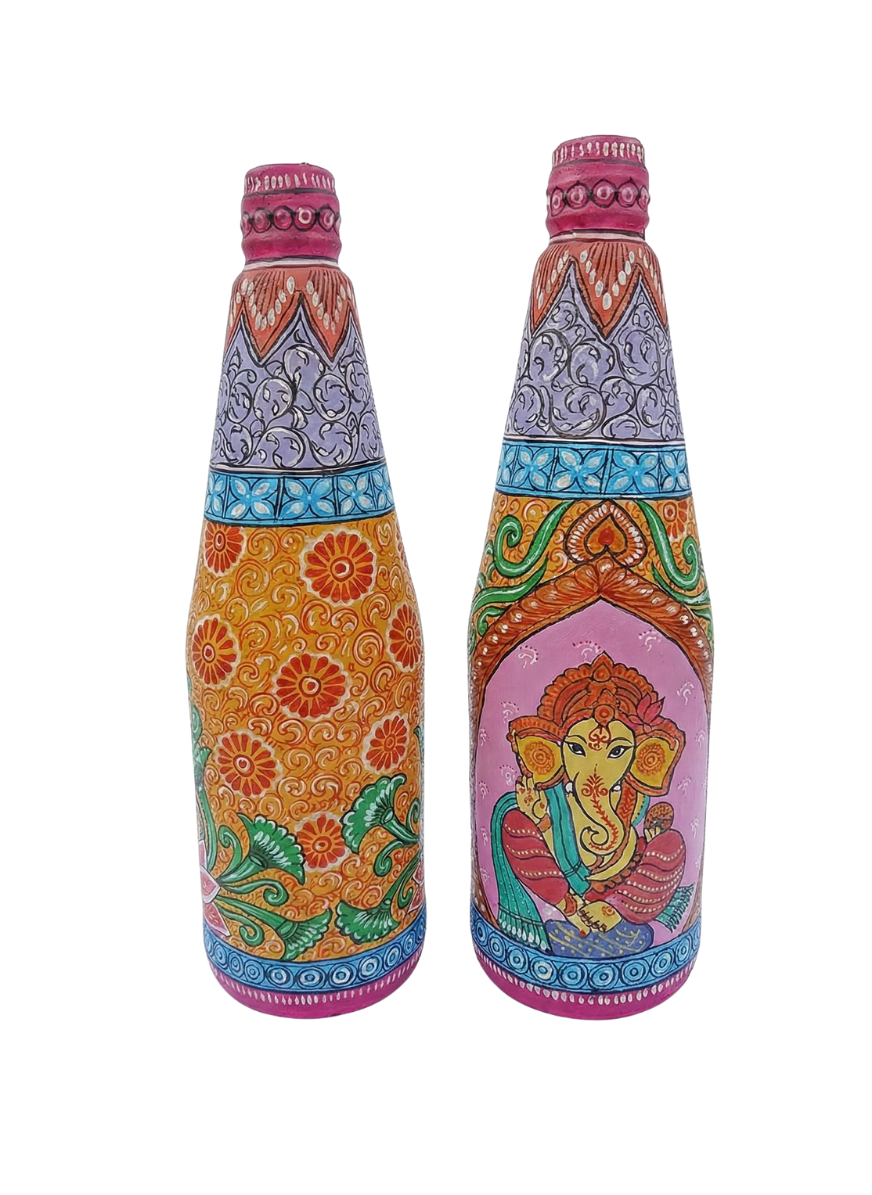 Hand-Painted Pattachitra Bottle Art | Lord Ganesha & Floral Bloom (Multicolor)
